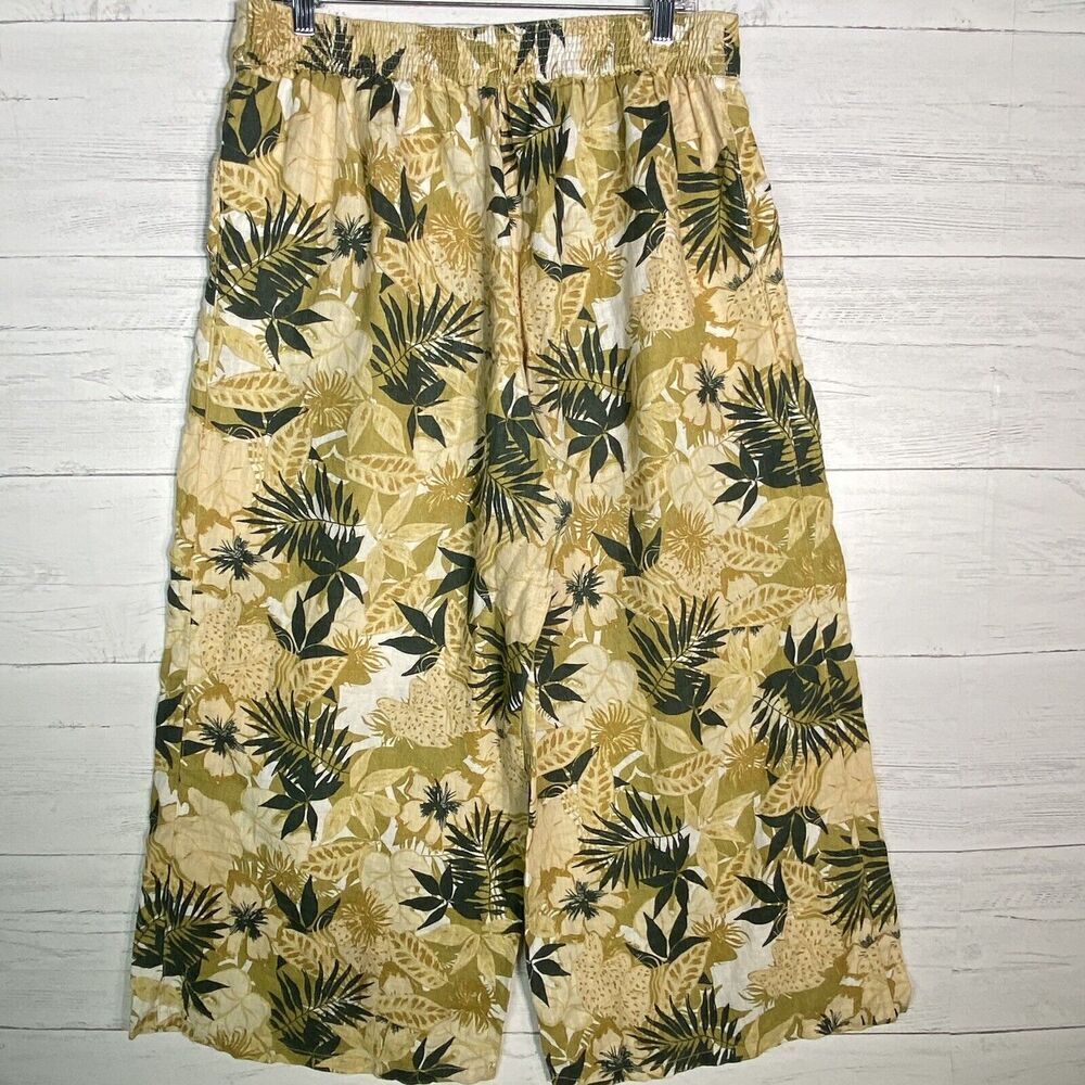 Tahari 100% Linen Cropped Wide Leg Pants Tropical Print Elastic Waist - Picture 6 of 7